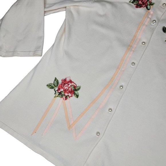 NicKnits by Nicole Miller silk blend feminine embroidered rose button cardigan - Picture 6 of 6